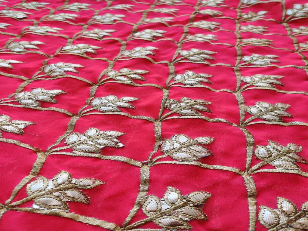 Bright Pink & Golden Geometric Gota Patti Embroidered Georgette Fabric (Wholesale)