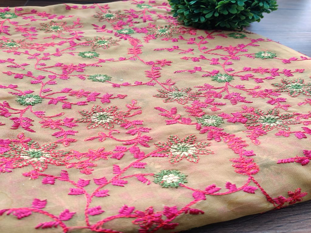 Olive Green & Pink Traditional Embroidered Kashmiri Georgette Fabric (Wholesale)