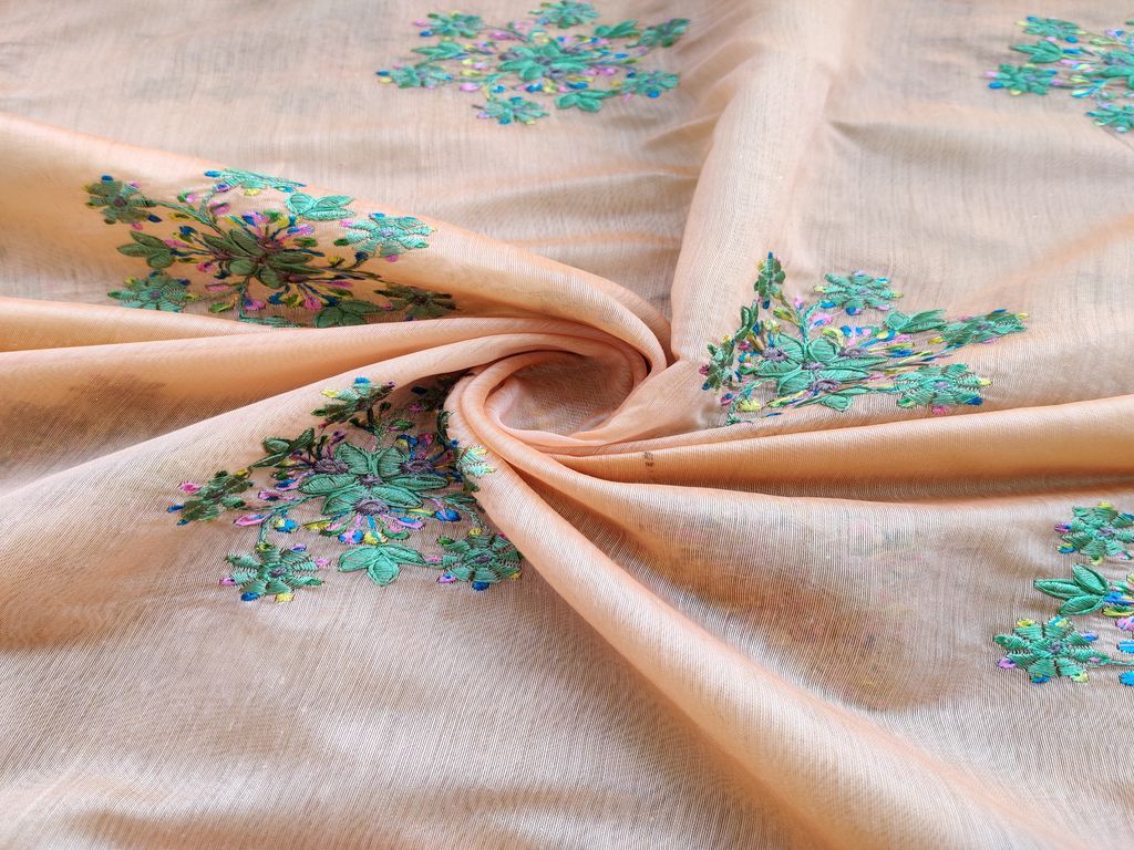 Light Orange Floral Embroidered Chanderi Silk Fabric (Wholesale)