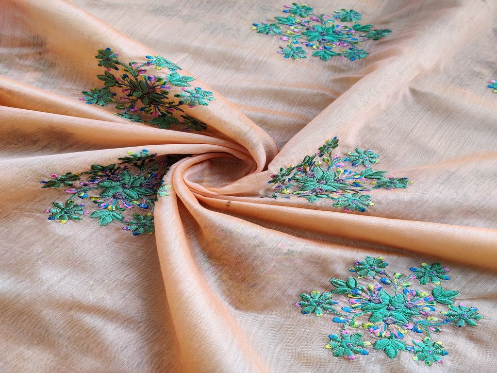 Light Orange Floral Embroidered Chanderi Silk Fabric (Wholesale)