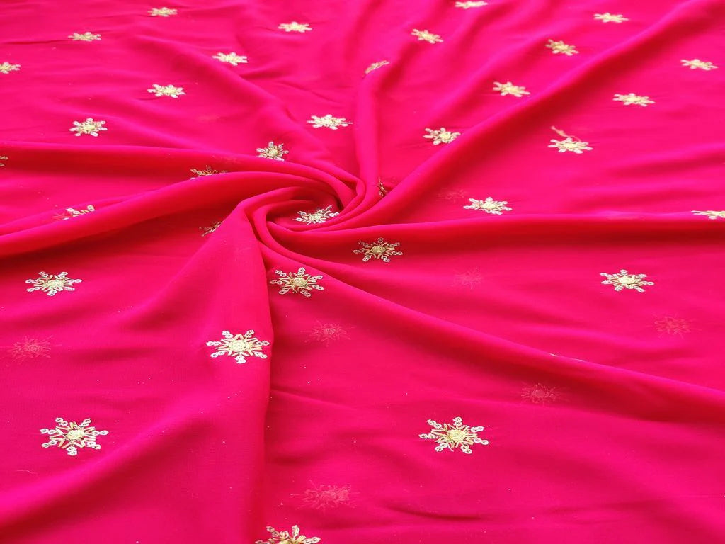 Rani Pink & Golden Motifs Zari & Sequins Georgette Fabric (Wholesale)