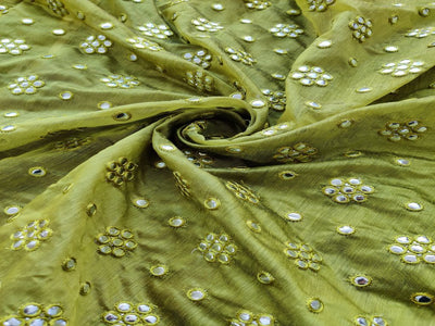 Mehndi Green Motifs Mirror Work Embroidered Chanderi Silk Fabric (Wholesale)