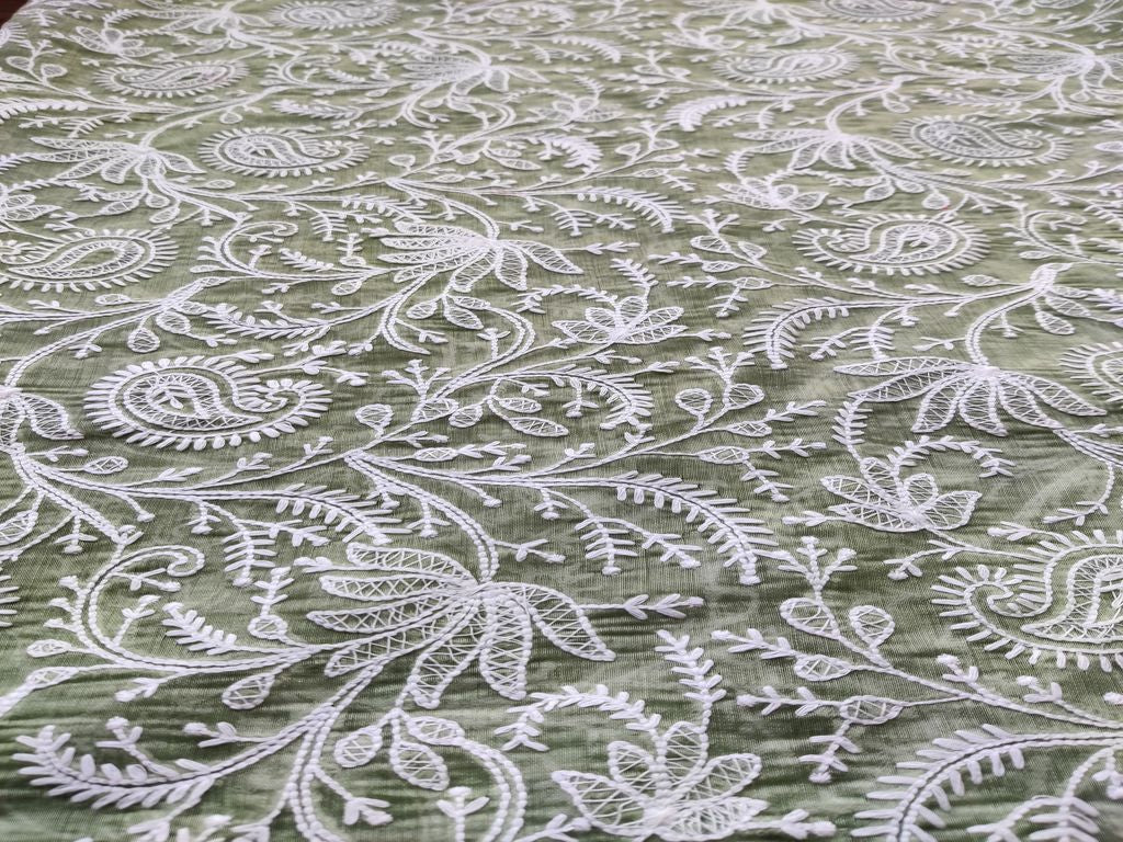 Sage Green Traditional Lakhnawi Embroidered Chanderi Silk Fabric (Wholesale)