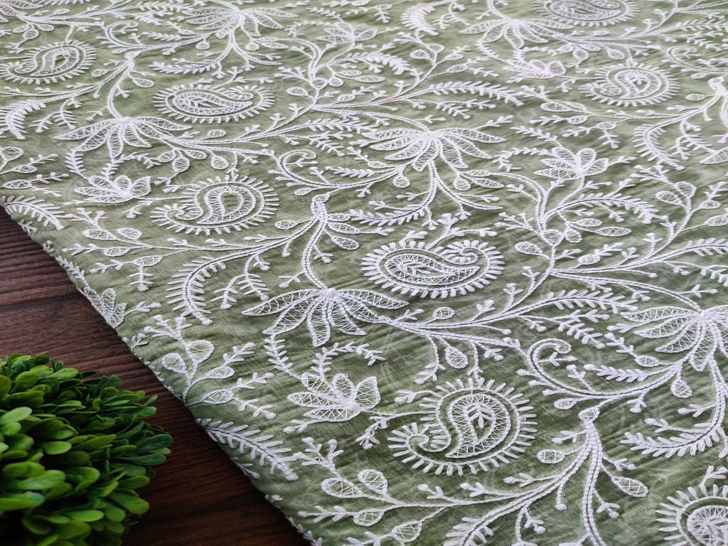 Sage Green Traditional Lakhnawi Embroidered Chanderi Silk Fabric (Wholesale)