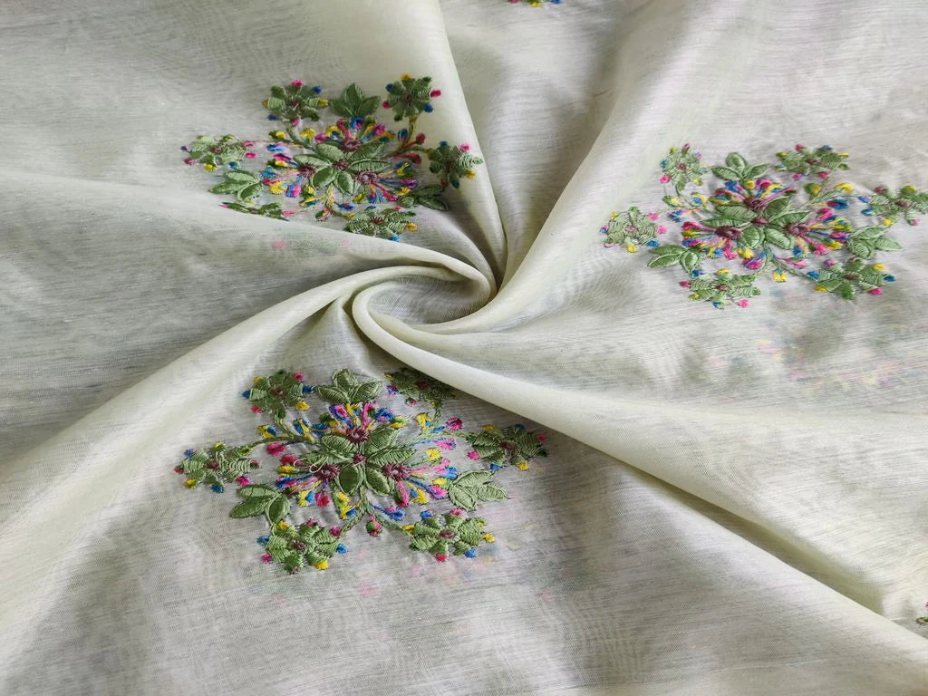 Multicolor Floral Embroidered Chanderi Silk Fabric (Wholesale)