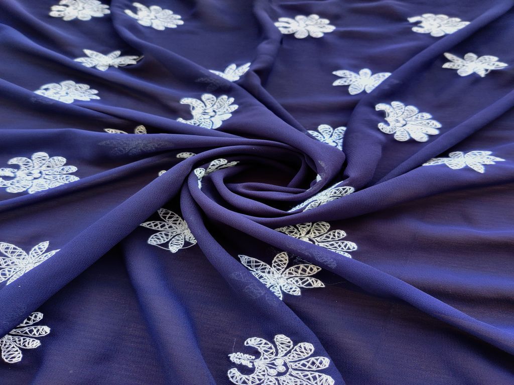 Navy Blue & White Floral Lakhnawi Georgette Fabric (Wholesale)