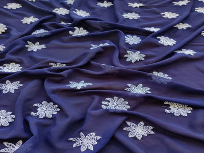 Navy Blue & White Floral Lakhnawi Georgette Fabric (Wholesale)