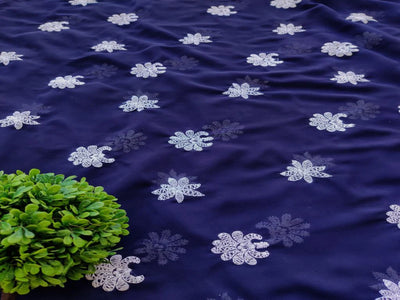 Navy Blue & White Floral Lakhnawi Georgette Fabric (Wholesale)