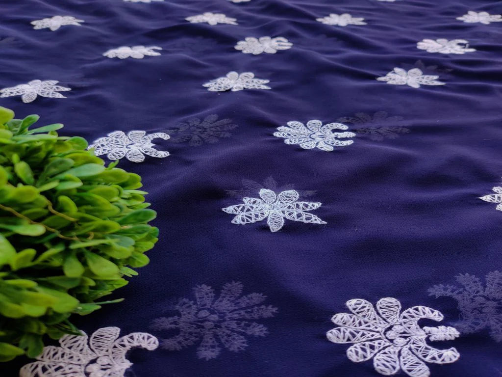 Navy Blue & White Floral Lakhnawi Georgette Fabric (Wholesale)