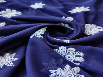 Navy Blue & White Floral Lakhnawi Georgette Fabric (Wholesale)