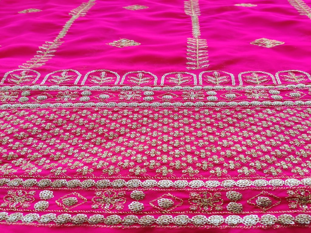 Bright Pink Traditional Zari Embroidered Georgette Fabric (Wholesale)