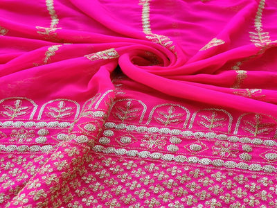 Bright Pink Traditional Zari Embroidered Georgette Fabric (Wholesale)