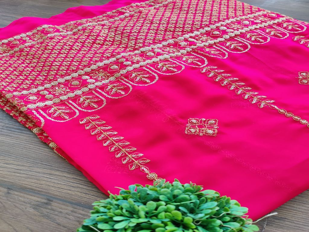 Bright Pink Traditional Zari Embroidered Georgette Fabric (Wholesale)