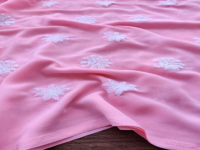 Peach & White Motifs Chikankari Georgette Fabric (Wholesale)