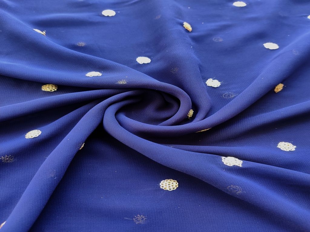 Royal Blue & Golden Motifs Embroidered Georgette Fabric (Wholesale)