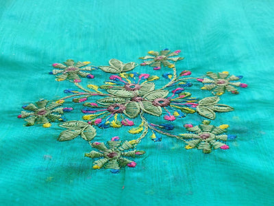 Teal Green Floral Embroidered Chanderi Silk Fabric (Wholesale)