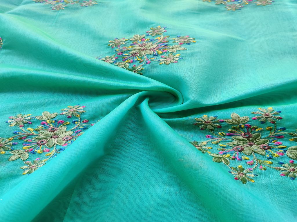 Teal Green Floral Embroidered Chanderi Silk Fabric (Wholesale)