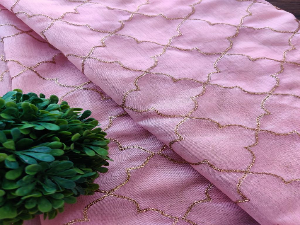 Pink & Golden Geometric Sequins Embroidered Chanderi Silk Fabric (Wholesale)