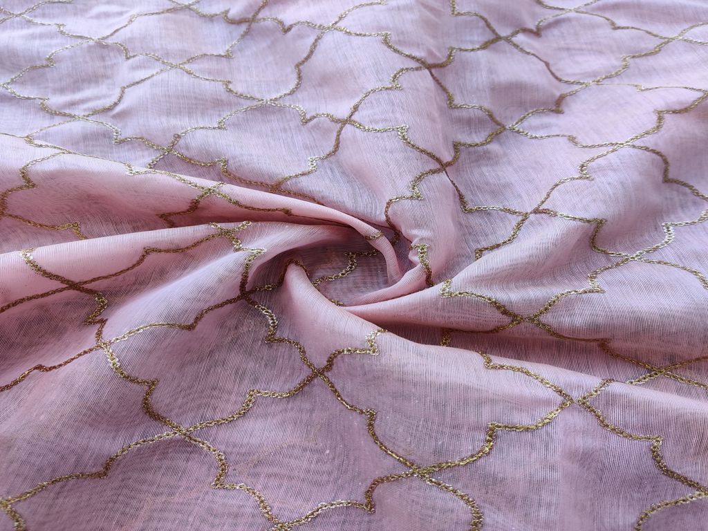 Pink & Golden Geometric Sequins Embroidered Chanderi Silk Fabric (Wholesale)