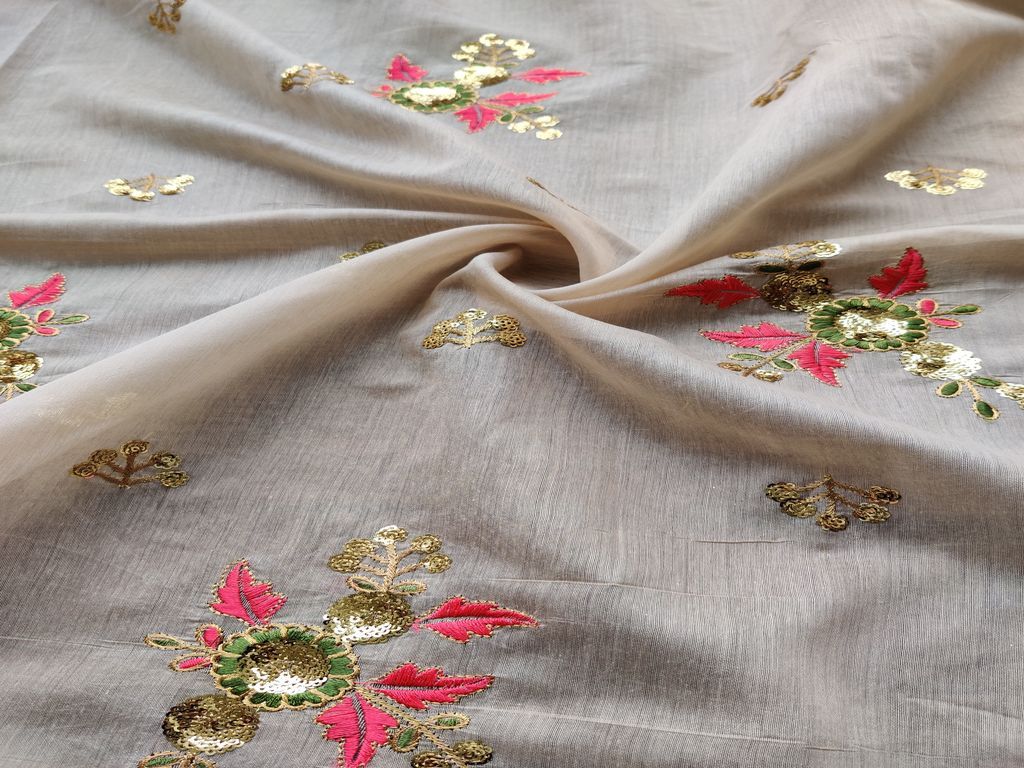 Beige Floral Sequins Embroidered Chanderi Silk Fabric (Wholesale)