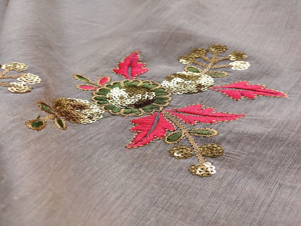 Beige Floral Sequins Embroidered Chanderi Silk Fabric (Wholesale)