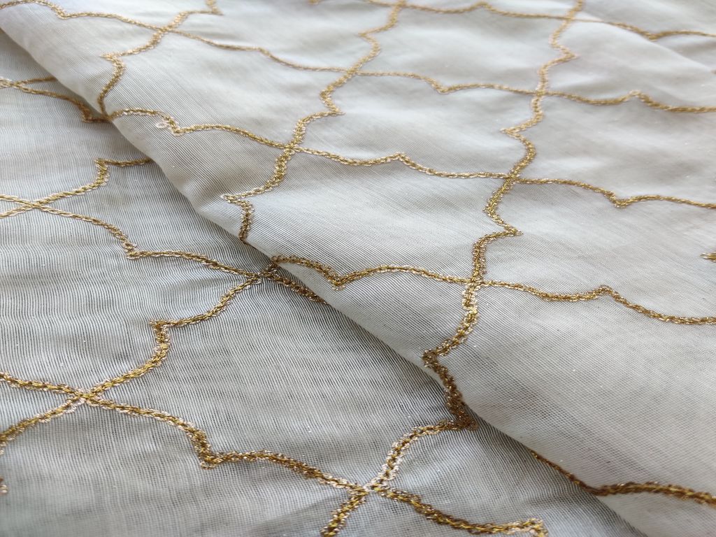 Off White & Golden Geometric Sequins Embroidered Chanderi Silk Fabric (Wholesale)