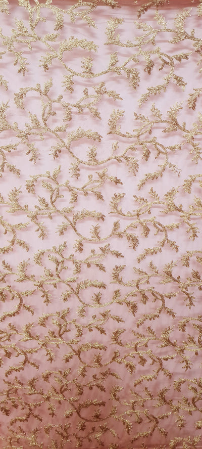 Light Pink & Golden Traditional Embroidered Net fabric