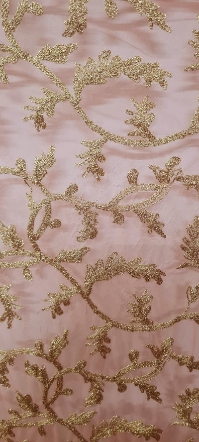 Light Pink & Golden Traditional Embroidered Net fabric