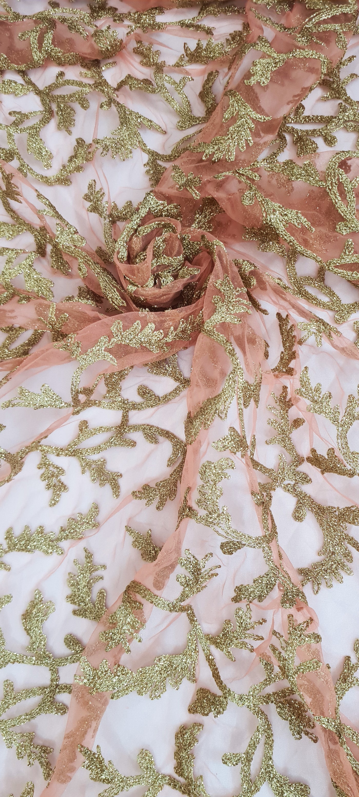 Light Pink & Golden Traditional Embroidered Net fabric