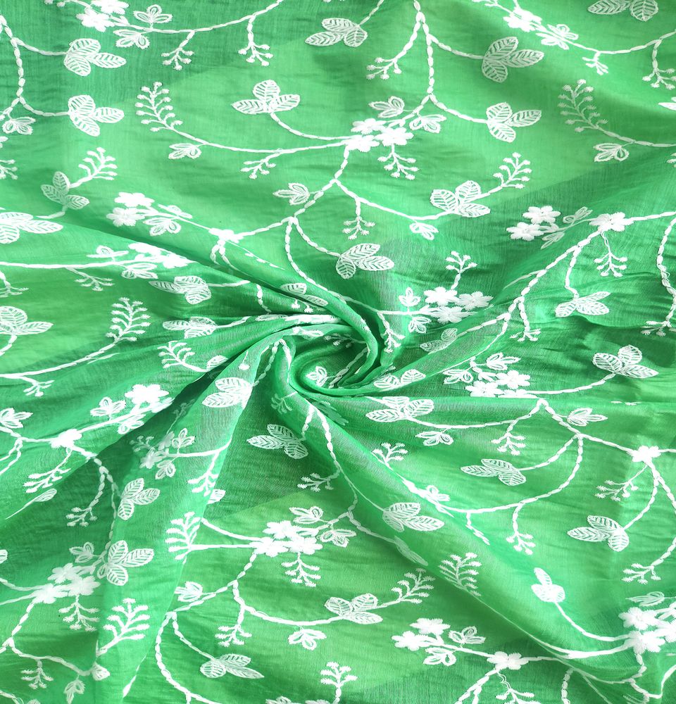 Green Floral Chikankari Embroidered Chanderi Fabric