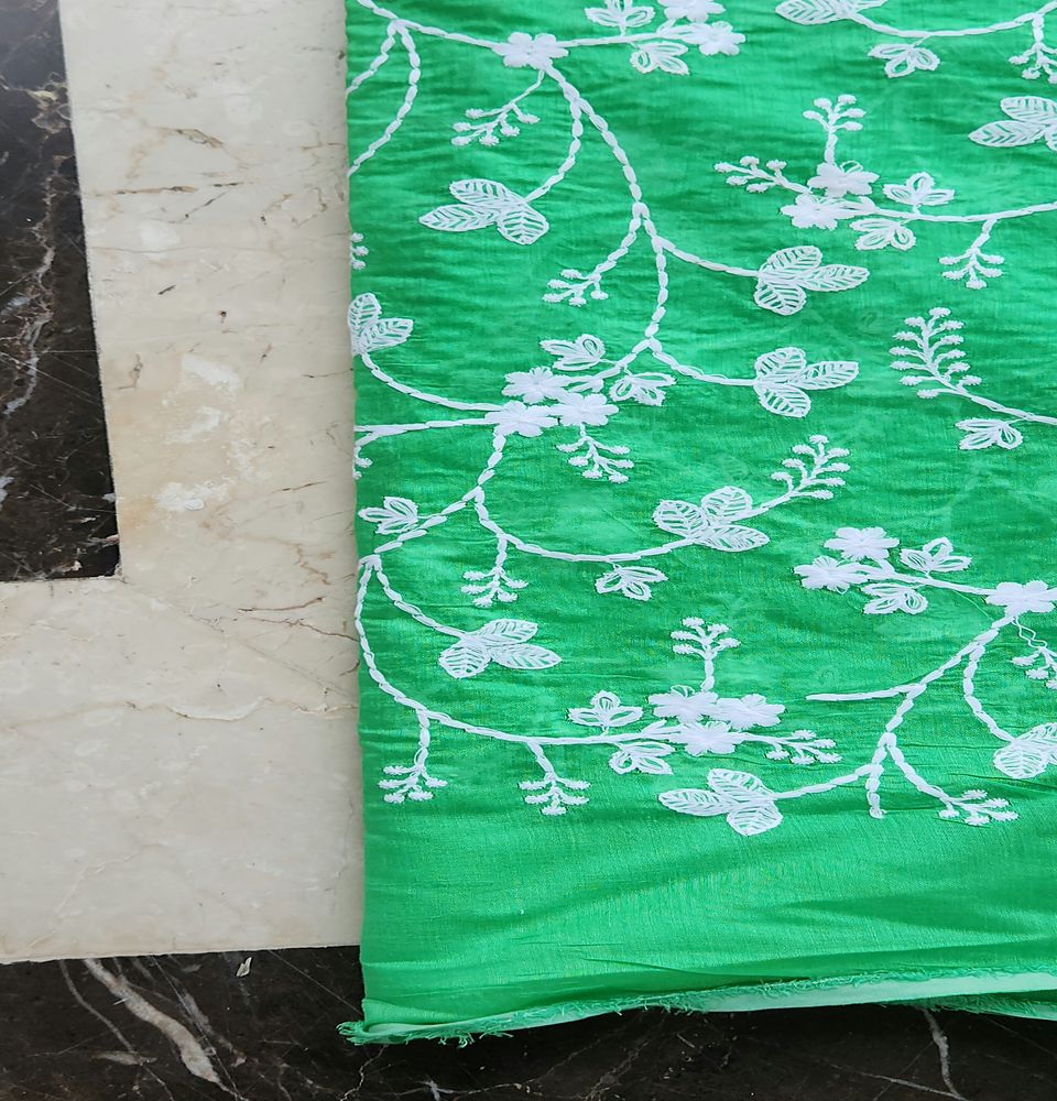 Green Floral Chikankari Embroidered Chanderi Fabric