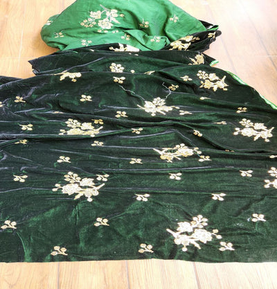 Bottle Green & Golden Floral Sequins Embroidered Velvet Fabric