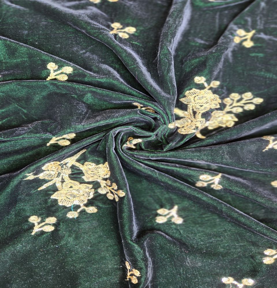 Bottle Green & Golden Floral Sequins Embroidered Velvet Fabric