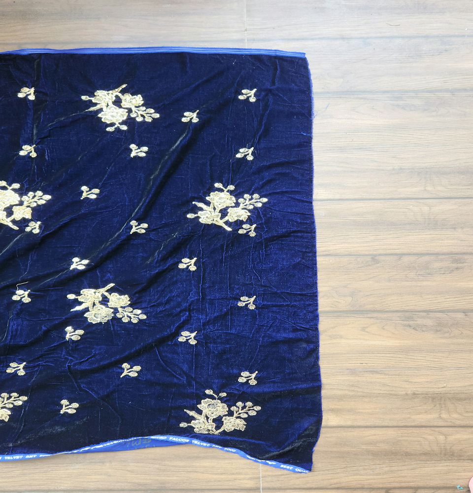 Navy Blue & Golden Floral Sequins Embroidered Velvet Fabric (Wholesale)