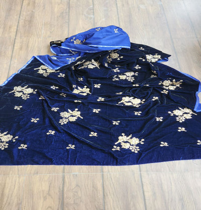 Navy Blue & Golden Floral Sequins Embroidered Velvet Fabric