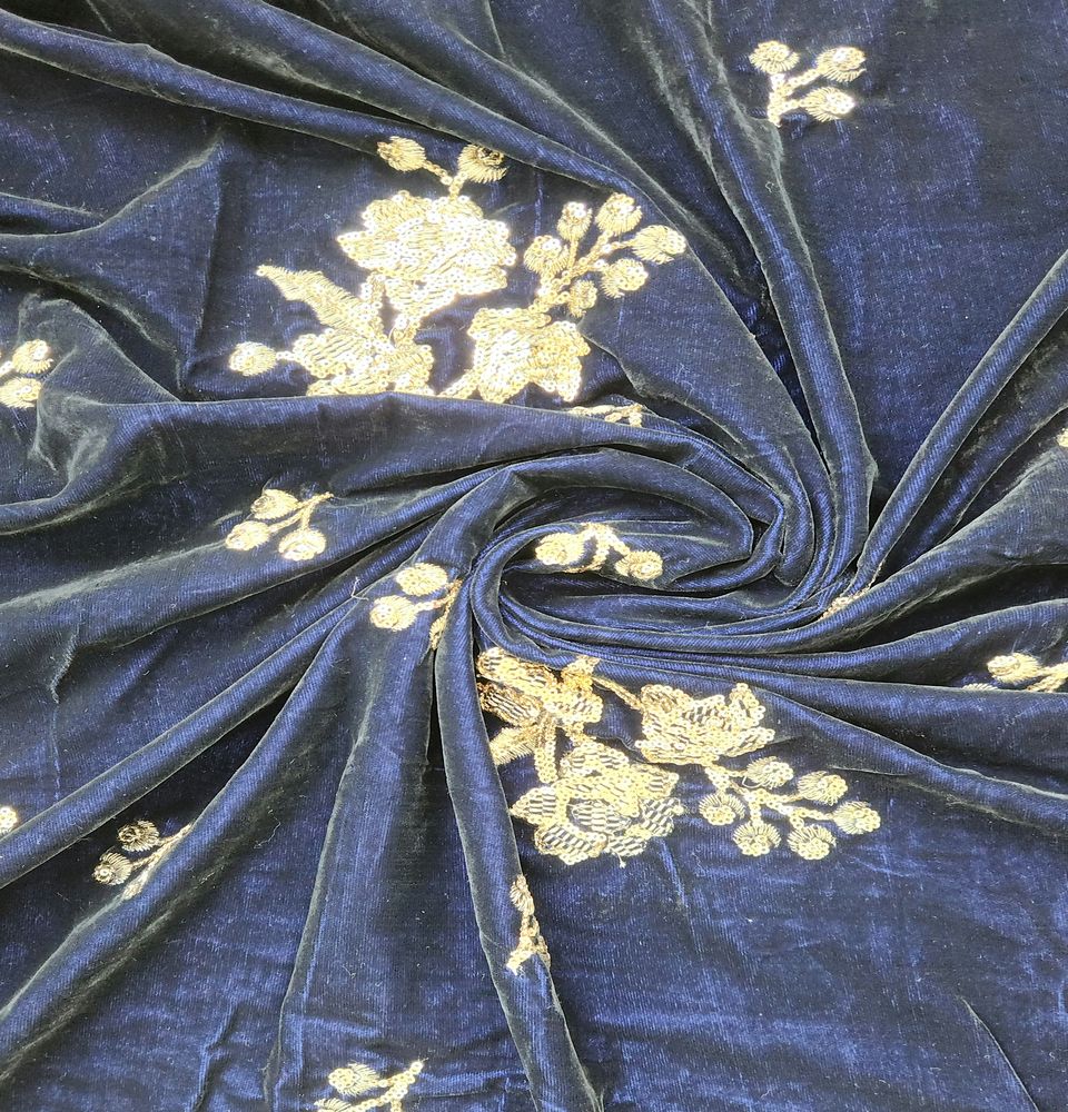 Navy Blue & Golden Floral Sequins Embroidered Velvet Fabric