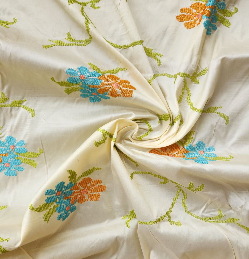 Cream Floral Cross Stitch Embroidered Taffeta Silk Fabric (Wholesale)