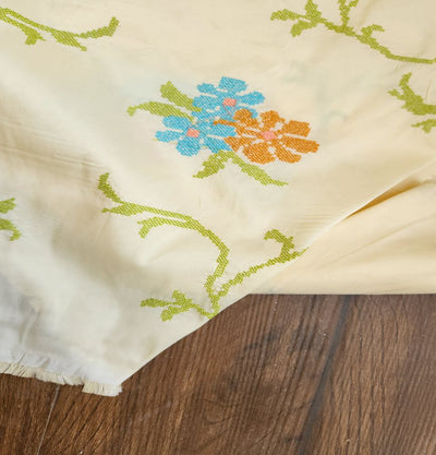 Cream Floral Cross Stitch Embroidered Taffeta Silk Fabric (Wholesale)