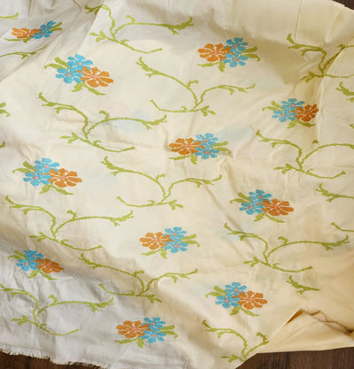 Cream Floral Cross Stitch Embroidered Taffeta Silk Fabric (Wholesale)