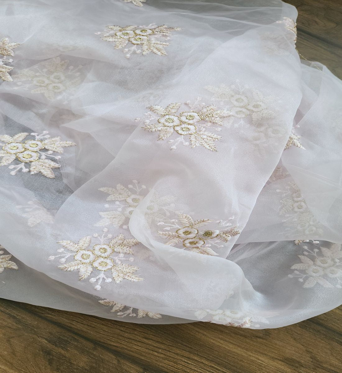 Baby Pink Floral Embroidered Organza Fabric