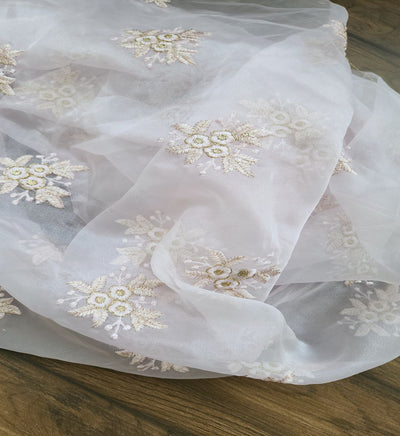 Baby Pink Floral Embroidered Organza Fabric (Wholesale)