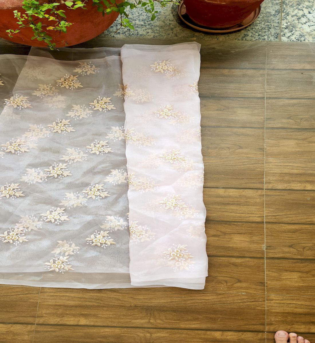 Baby Pink Floral Embroidered Organza Fabric