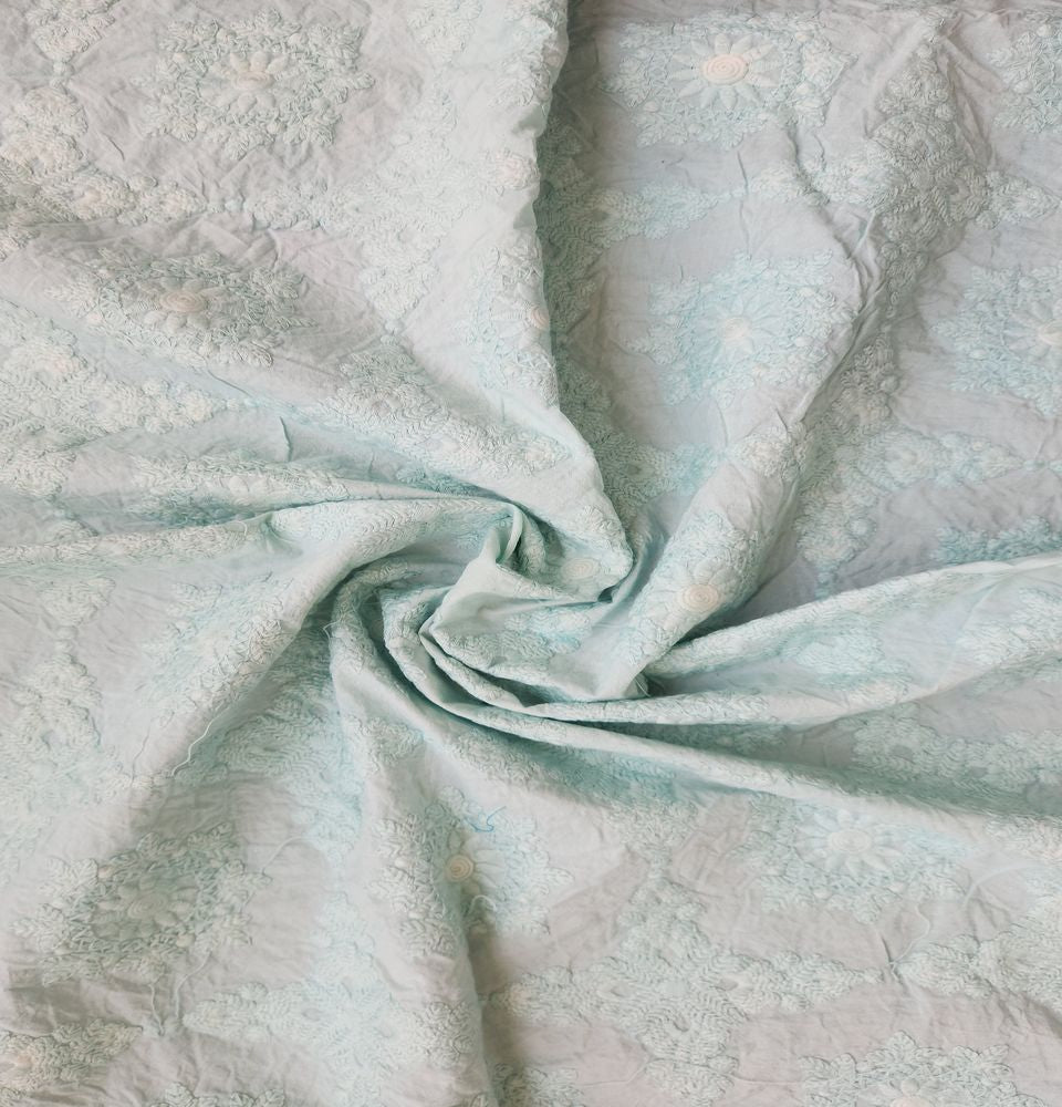 Sea Green Traditional Chikankari Embroidered Dyed Khadi Cotton Fabric (Wholesale)