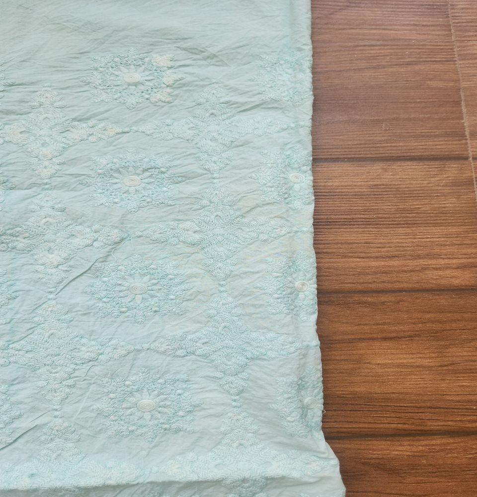 Sea Green Traditional Chikankari Embroidered Dyed Khadi Cotton Fabric (Wholesale)