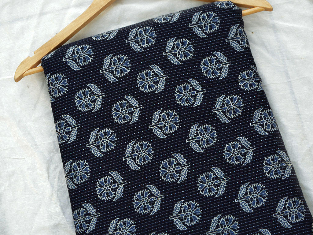 Black Floral Pure Cotton Kantha Fabric