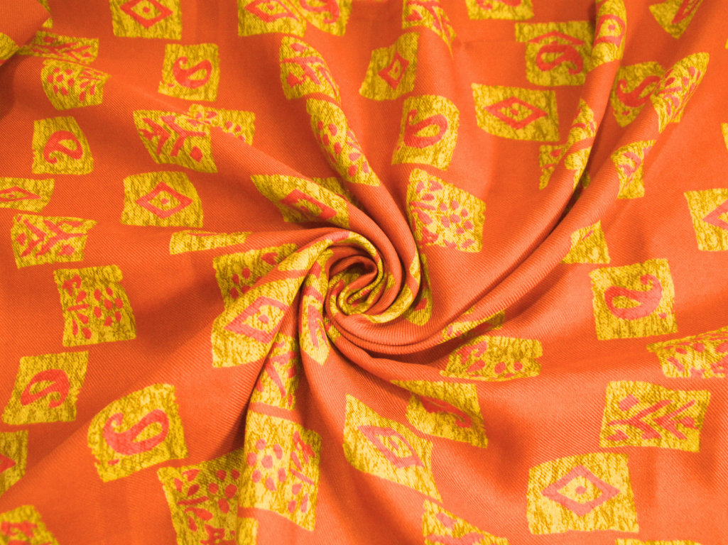 Orange Traditional Printed Semi Pashimna Woolen Fabric