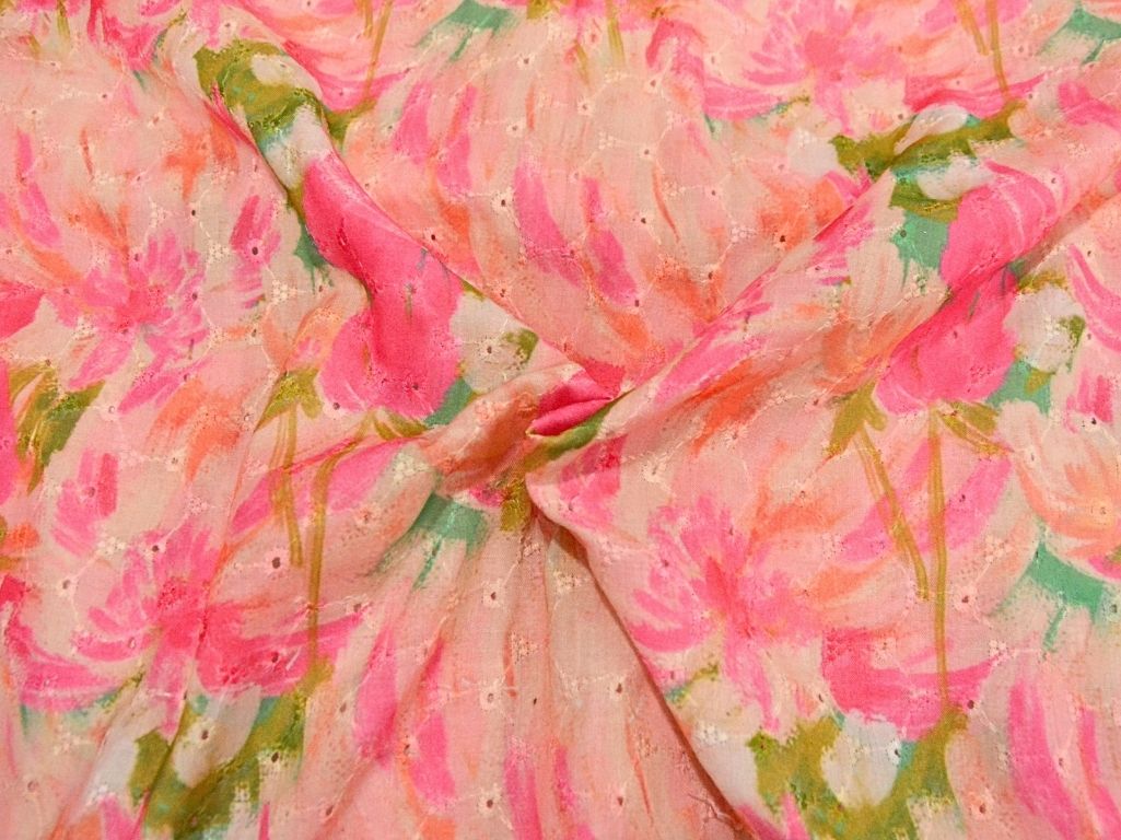 Light Pink 100 % Pure Cotton Chikan Embroidered Fabric