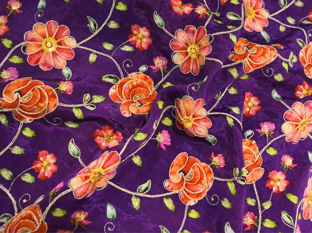 Purple Natural Crepe With Zari Embroidered Fabric