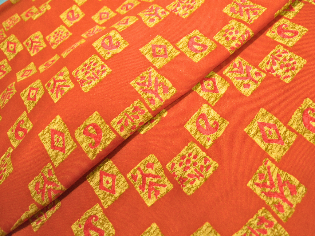 Orange Traditional Printed Semi Pashimna Woolen Fabric