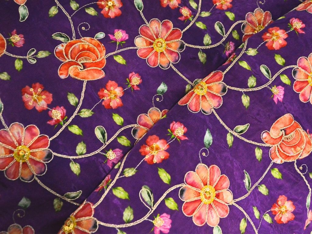 Purple Natural Crepe With Zari Embroidered Fabric